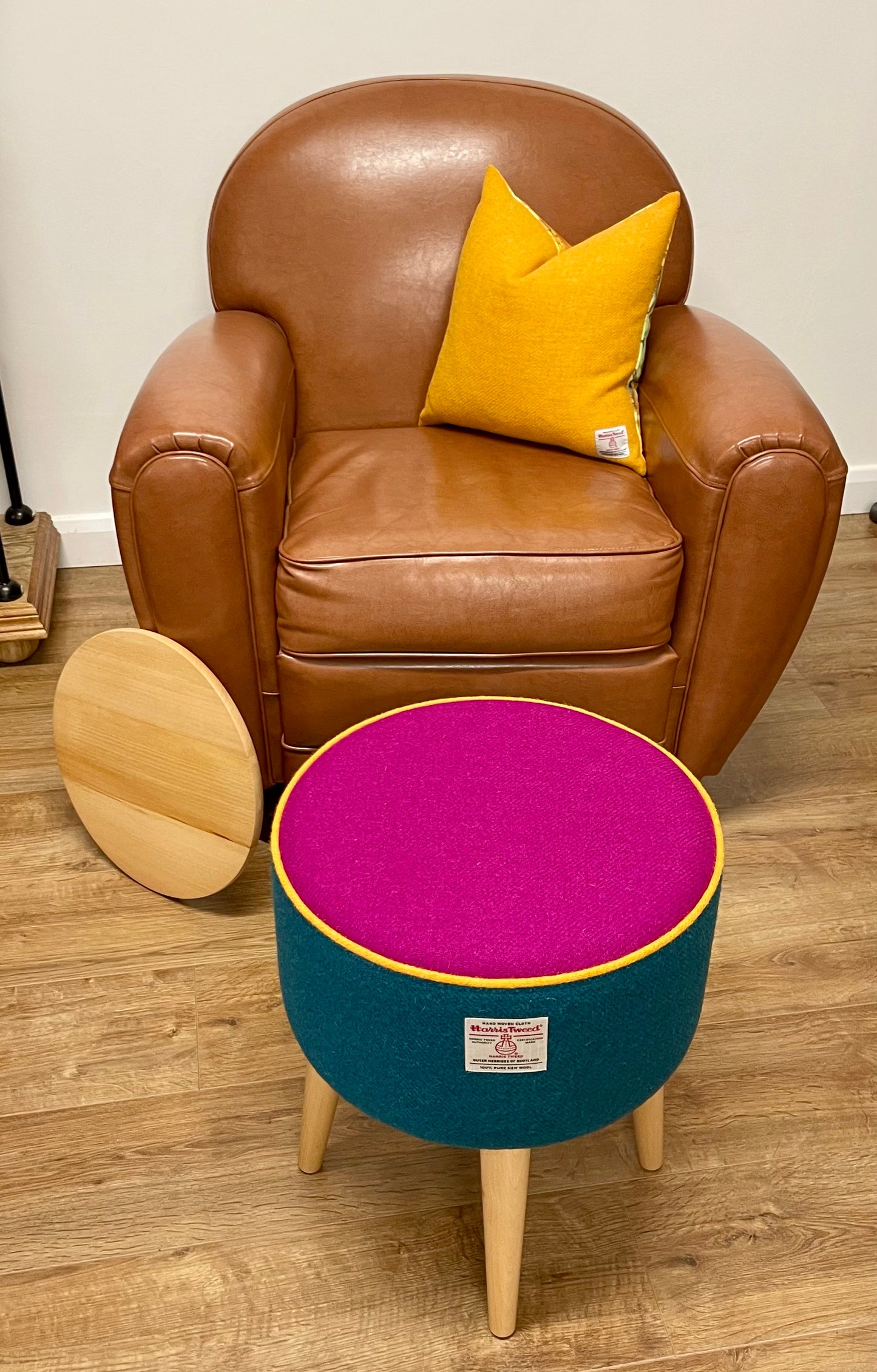 Teal and Fuchsia Harris Tweed Table Footstool with Yellow Piping and Removable Wooden Top