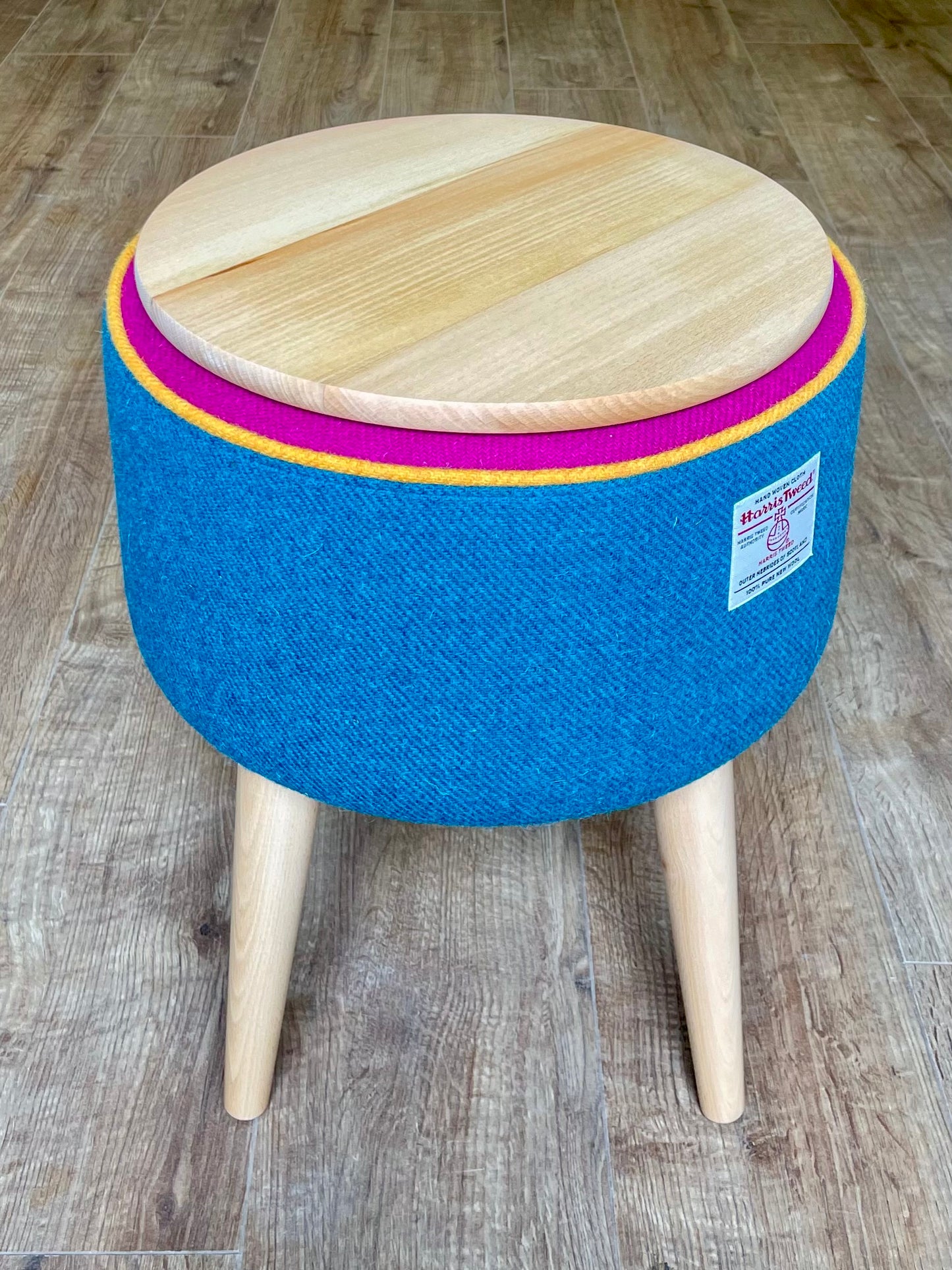 Teal and Fuchsia Harris Tweed Table Footstool with Yellow Piping and Removable Wooden Top