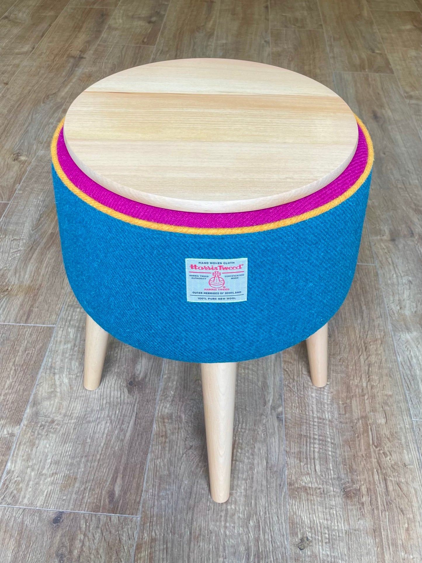 Teal and Fuchsia Harris Tweed Table Footstool with Yellow Piping and Removable Wooden Top