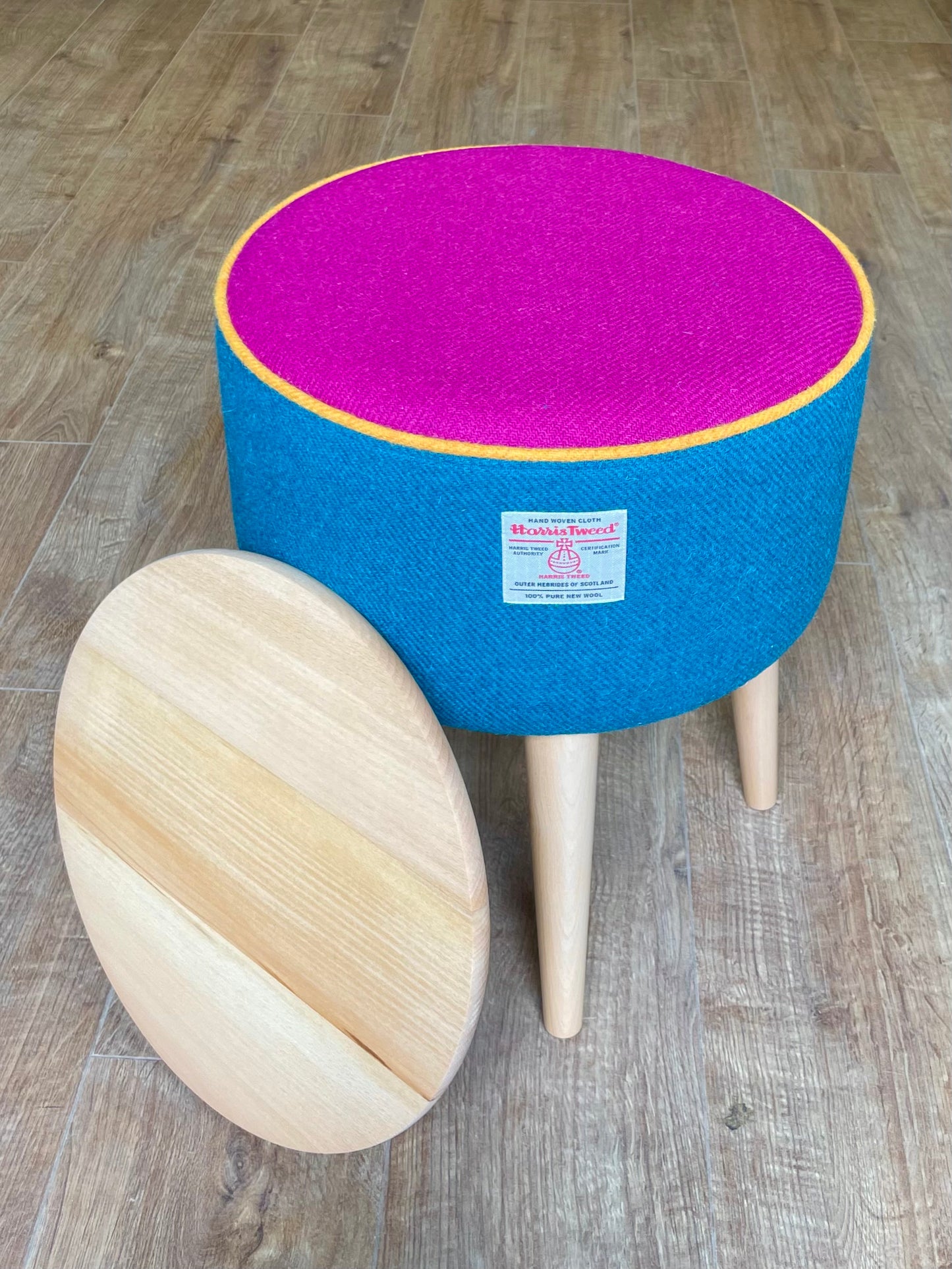 Teal and Fuchsia Harris Tweed Table Footstool with Yellow Piping and Removable Wooden Top