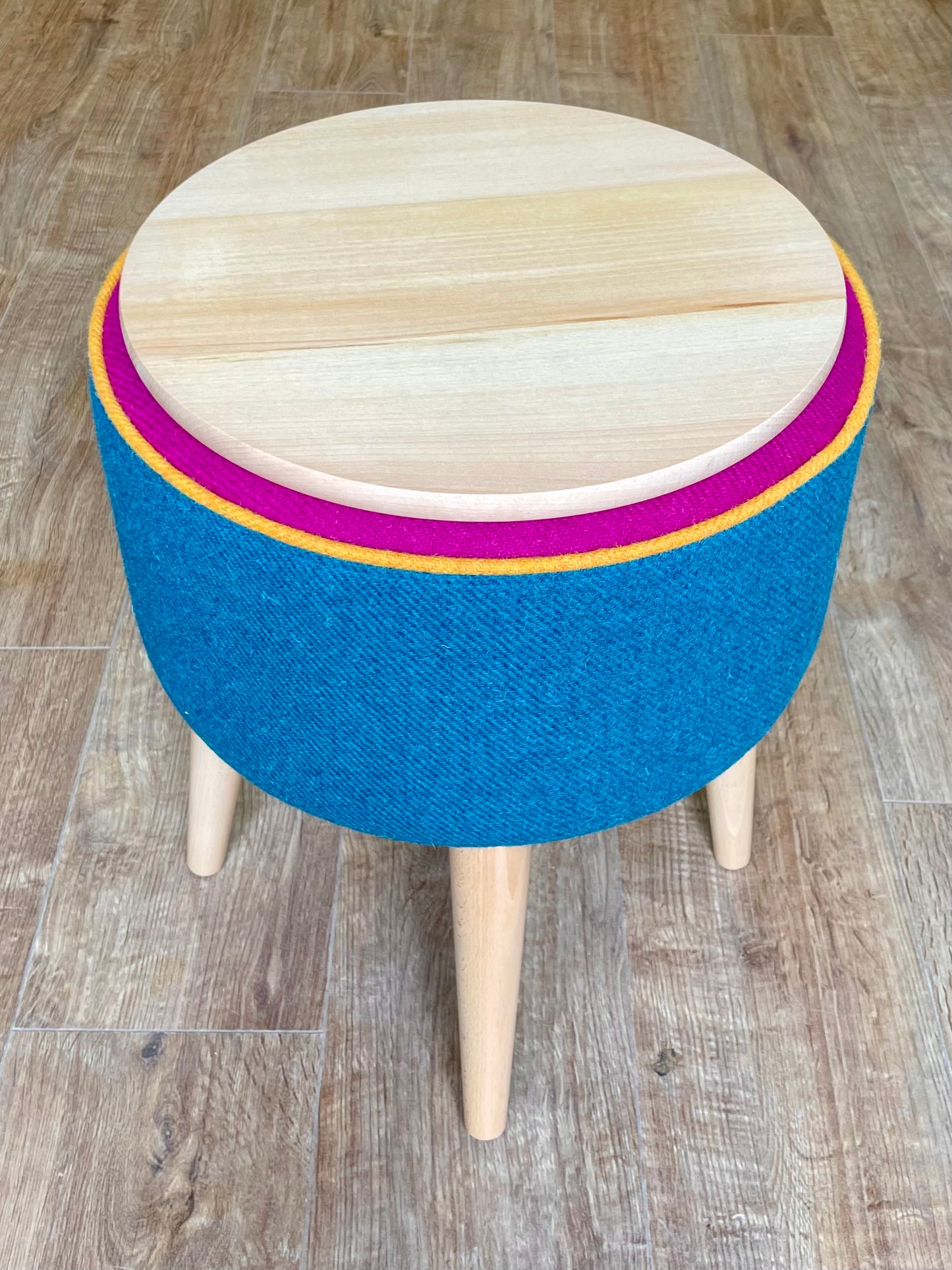 Teal and Fuchsia Harris Tweed Table Footstool with Yellow Piping and Removable Wooden Top