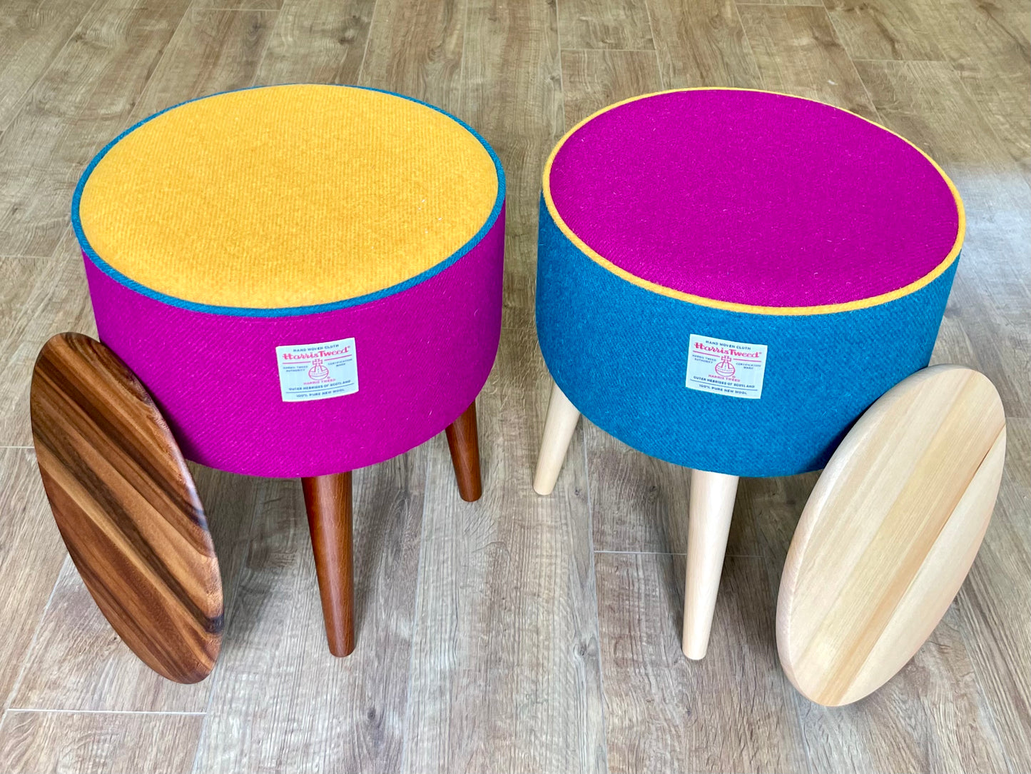 Pink and Teal Harris Tweed Table with Orange Piping and Removable Wooden Top