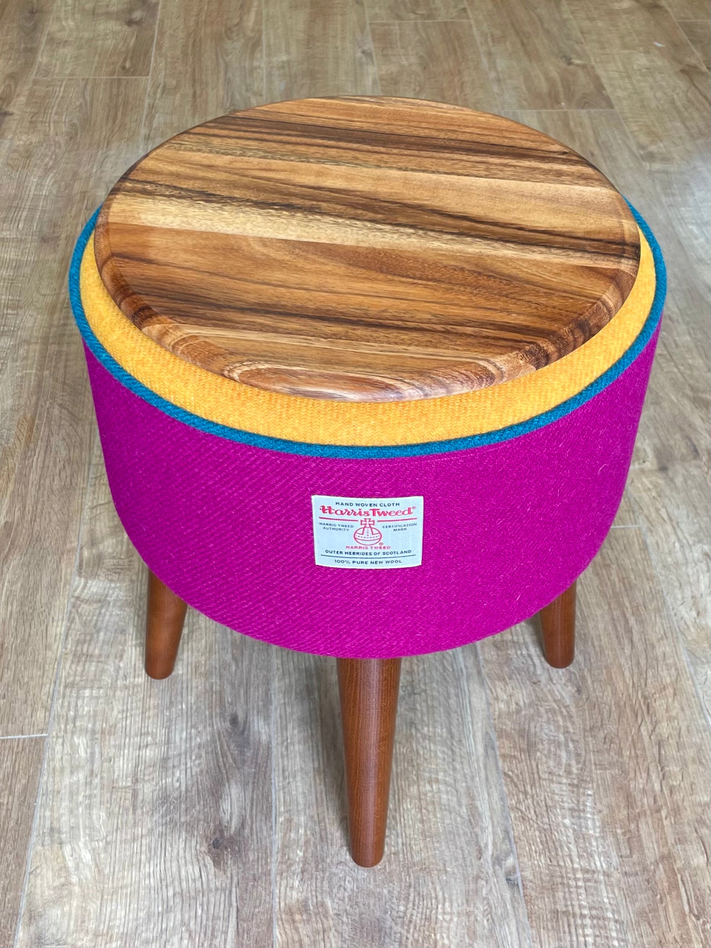 Fuchsia and Yellow Harris Tweed Table Footstool with Teal Piping and Removable Wooden Top