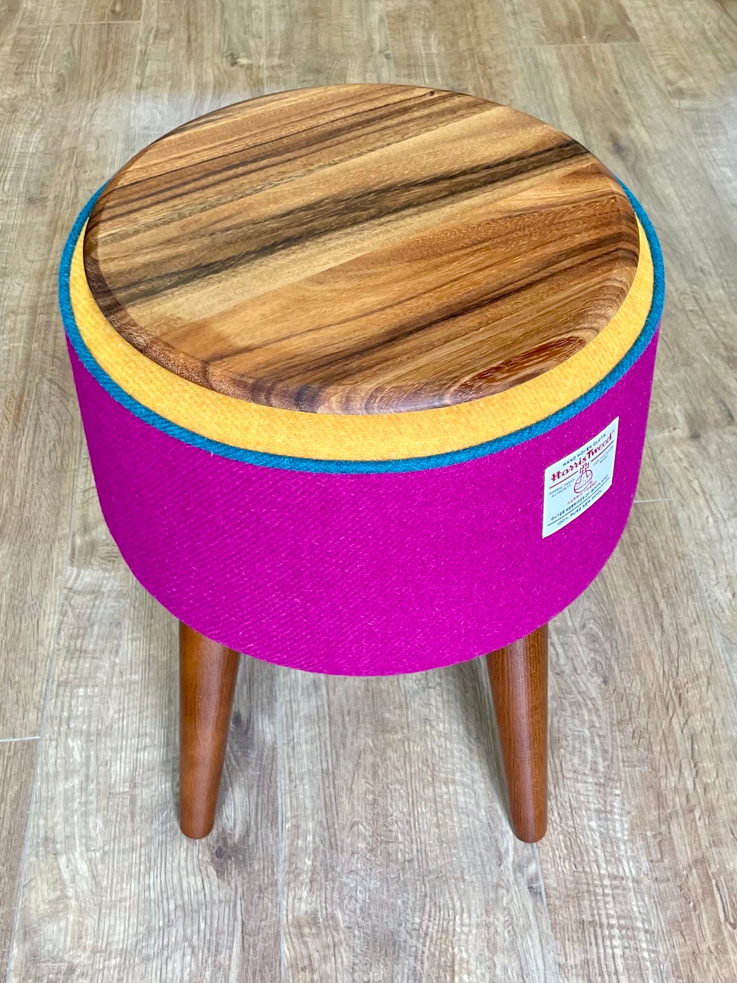 Fuchsia and Yellow Harris Tweed Table Footstool with Teal Piping and Removable Wooden Top