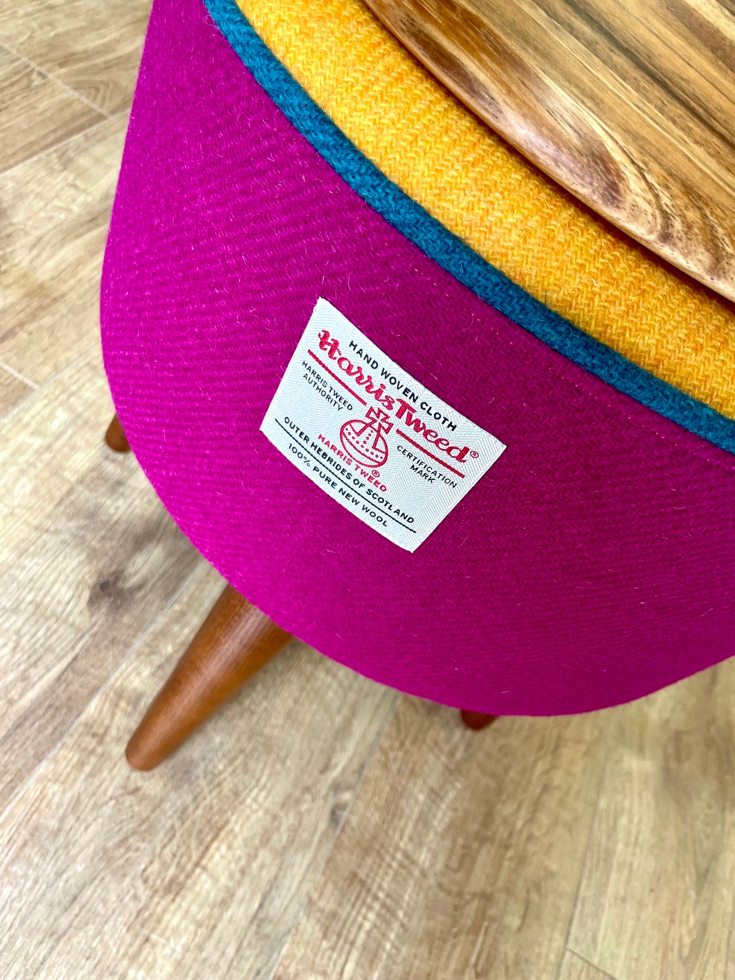 Fuchsia and Yellow Harris Tweed Table Footstool with Teal Piping and Removable Wooden Top