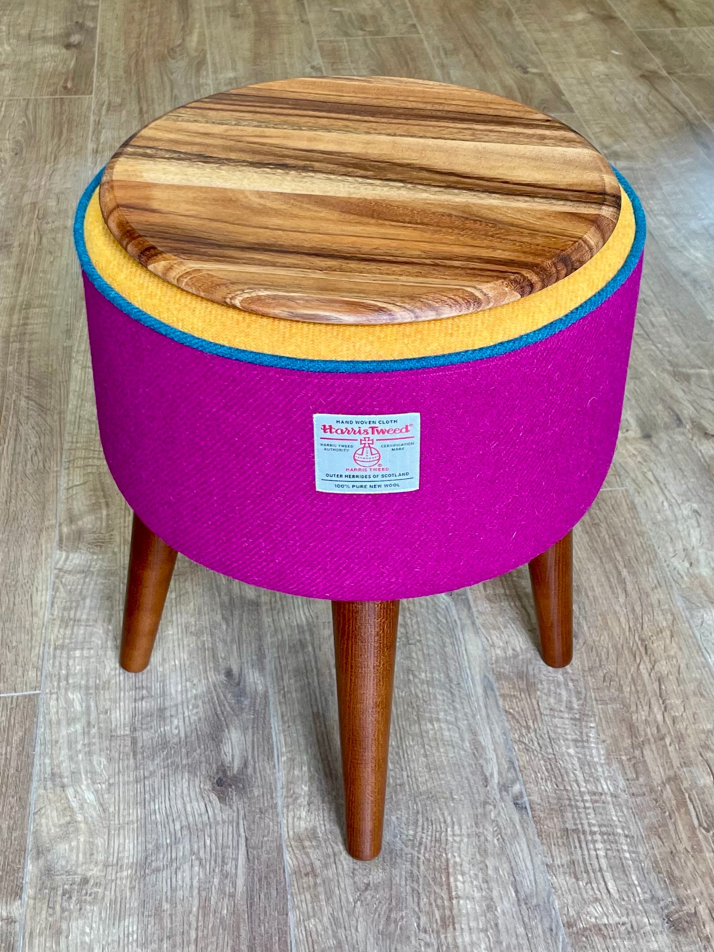 Fuchsia and Yellow Harris Tweed Table Footstool with Teal Piping and Removable Wooden Top