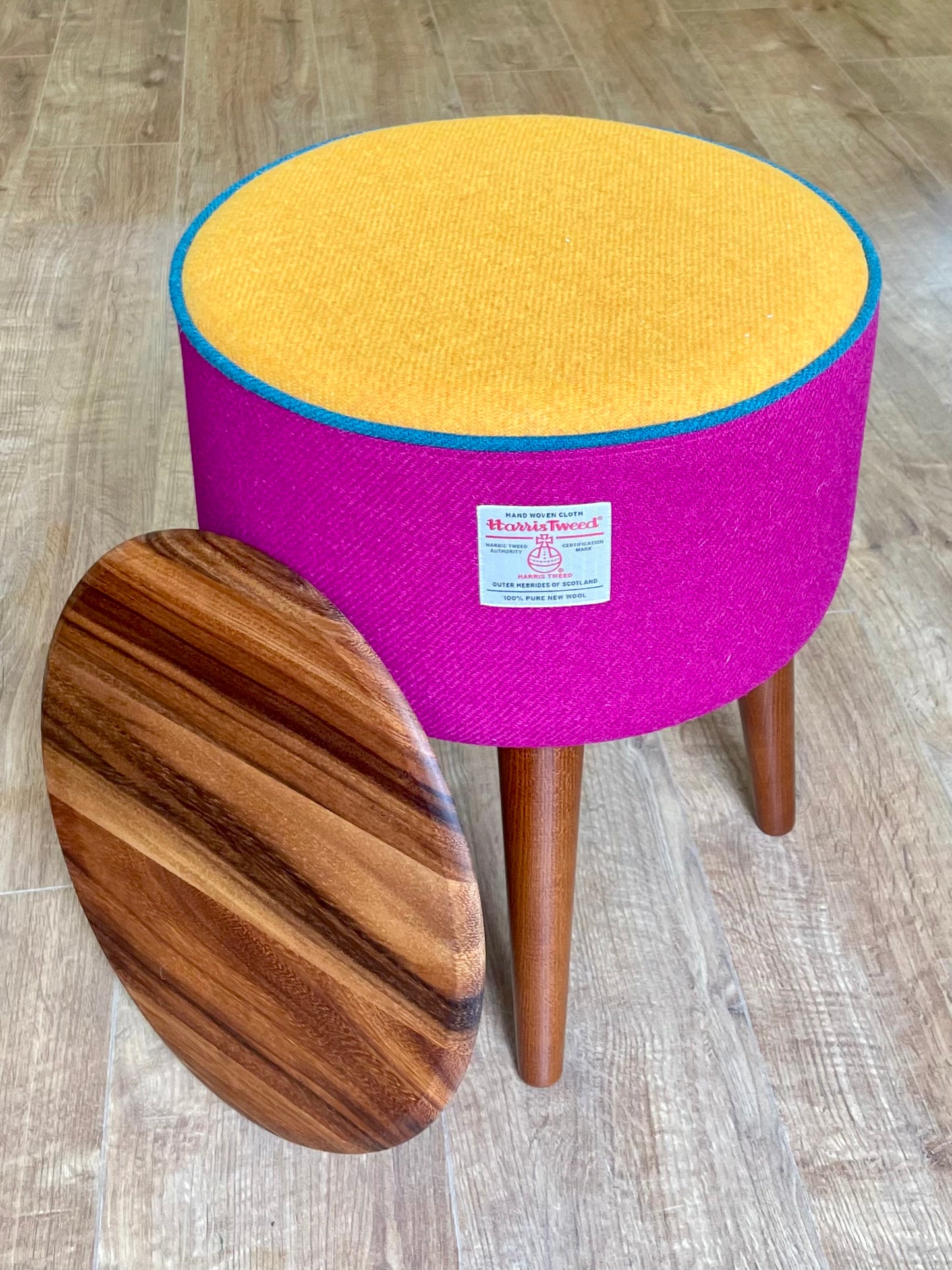 Fuchsia and Yellow Harris Tweed Table Footstool with Teal Piping and Removable Wooden Top