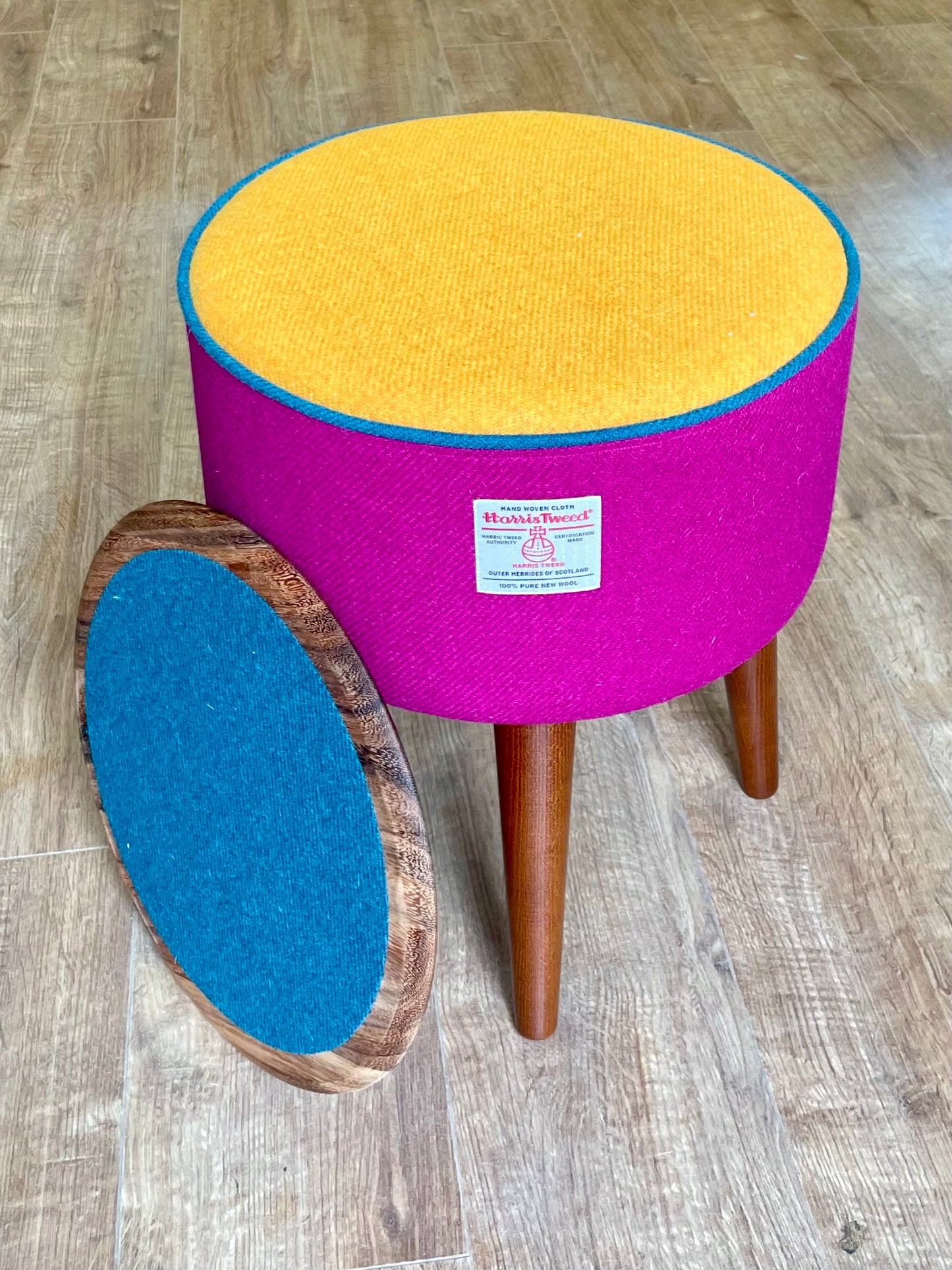 Fuchsia and Yellow Harris Tweed Table Footstool with Teal Piping and Removable Wooden Top