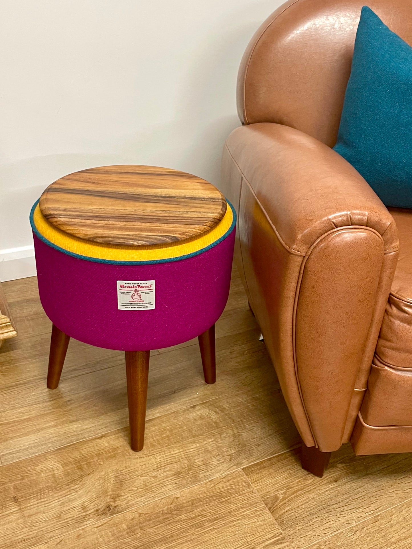 Fuchsia and Yellow Harris Tweed Table Footstool with Teal Piping and Removable Wooden Top