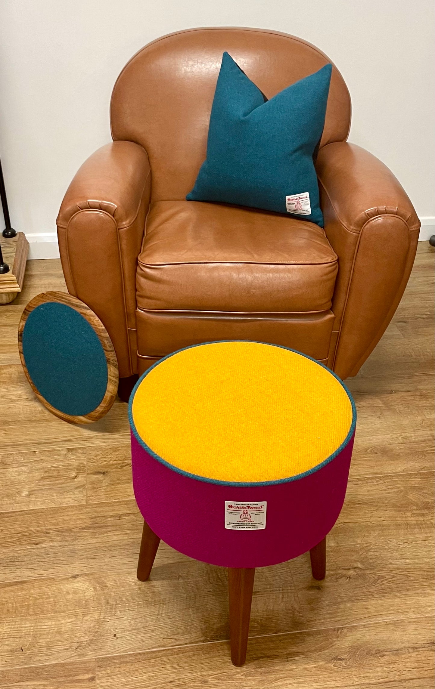 Fuchsia and Yellow Harris Tweed Table Footstool with Teal Piping and Removable Wooden Top