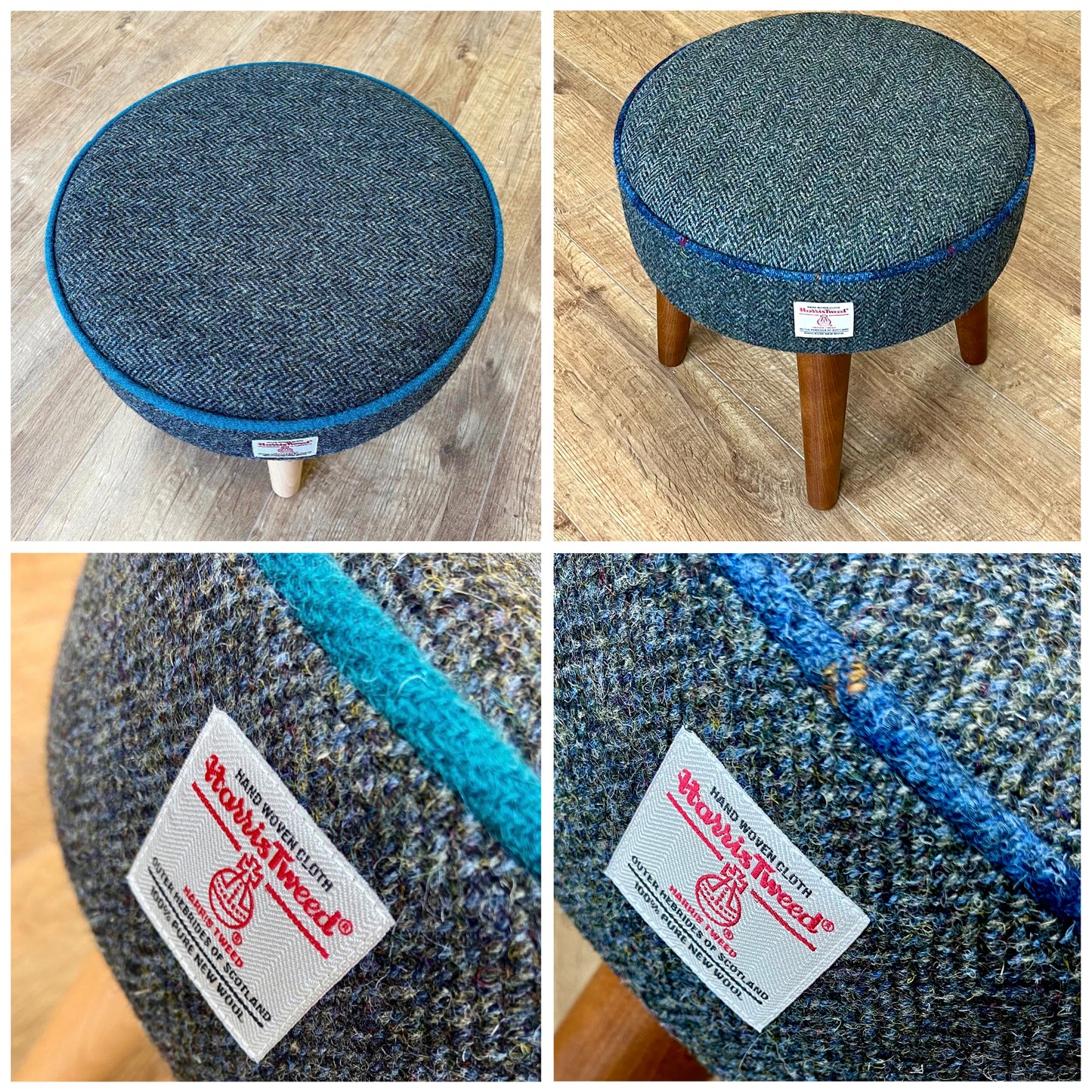Charcoal Harris Tweed Footstool with Teal Piping and Varnished Wooden Legs