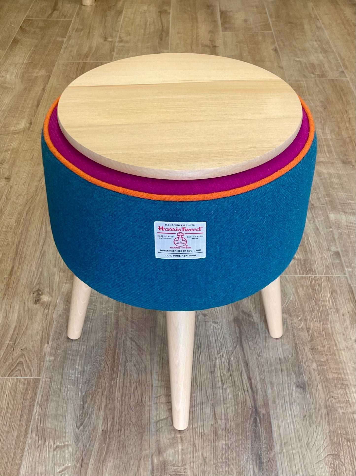 Rainbow End Table, Teal and Fuchsia Harris Tweed with Orange Piping and Removable Wooden Top