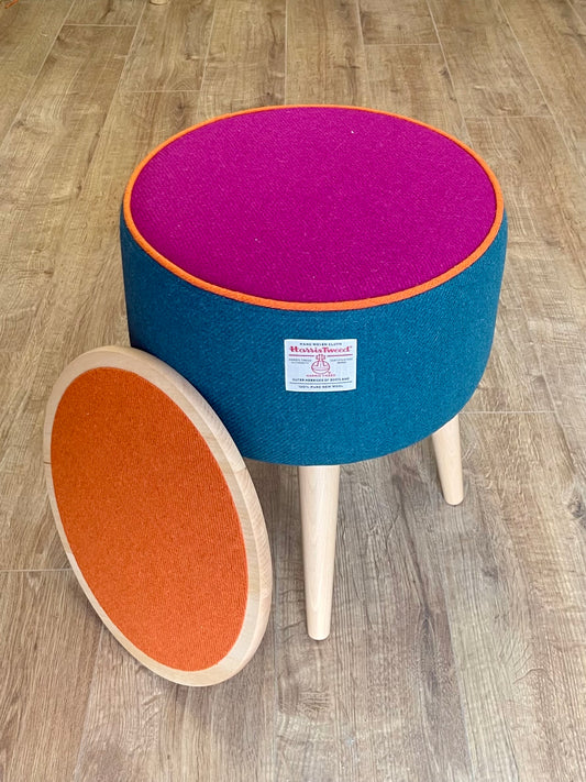 Rainbow End Table, Teal and Fuchsia Harris Tweed with Orange Piping and Removable Wooden Top