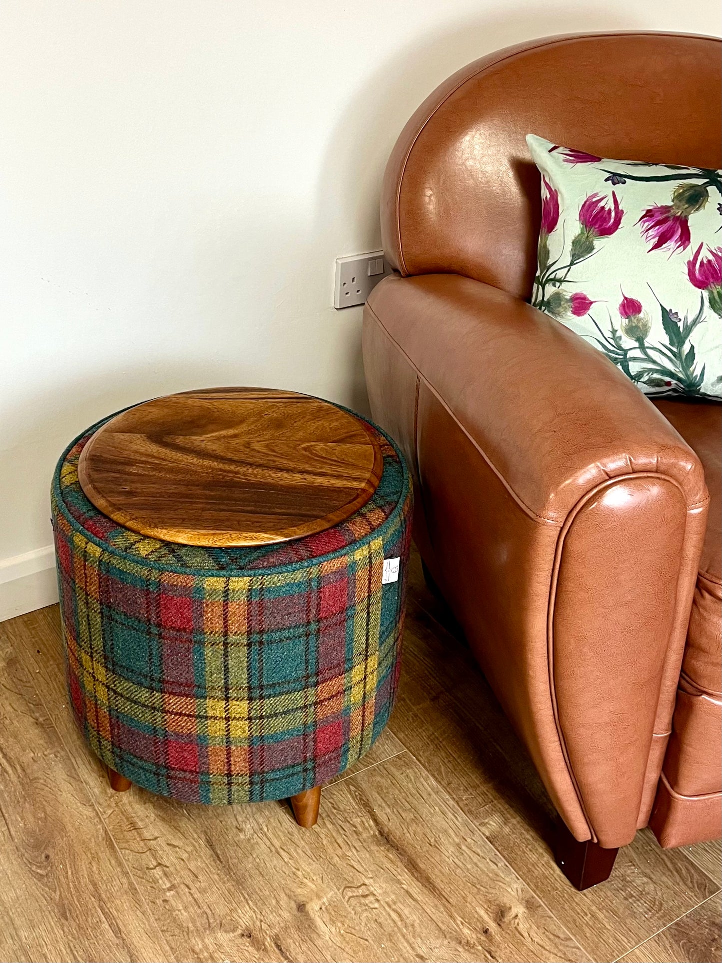Tartan Harris Tweed Chunky Table Footstool with Green Piping and Removable Wooden Top