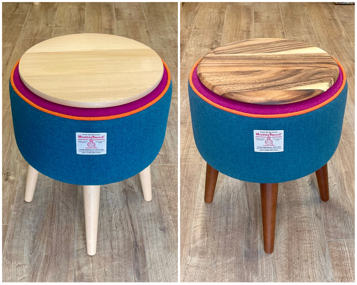 Rainbow End Table, Teal and Fuchsia Harris Tweed with Orange Piping and Removable Wooden Top