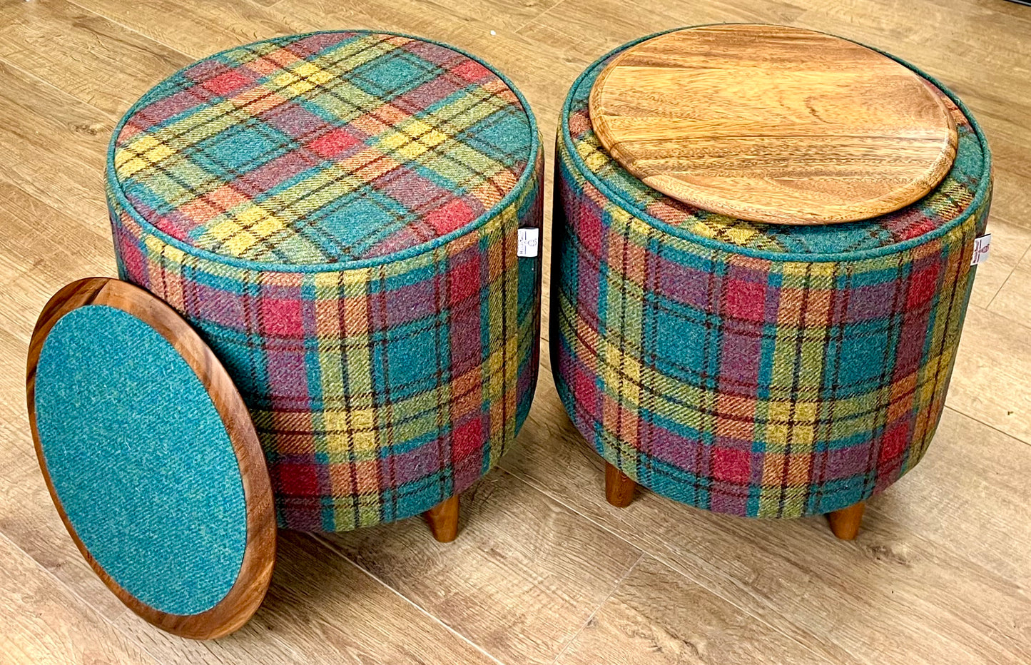 Tartan Harris Tweed Chunky Table Footstool with Green Piping and Removable Wooden Top