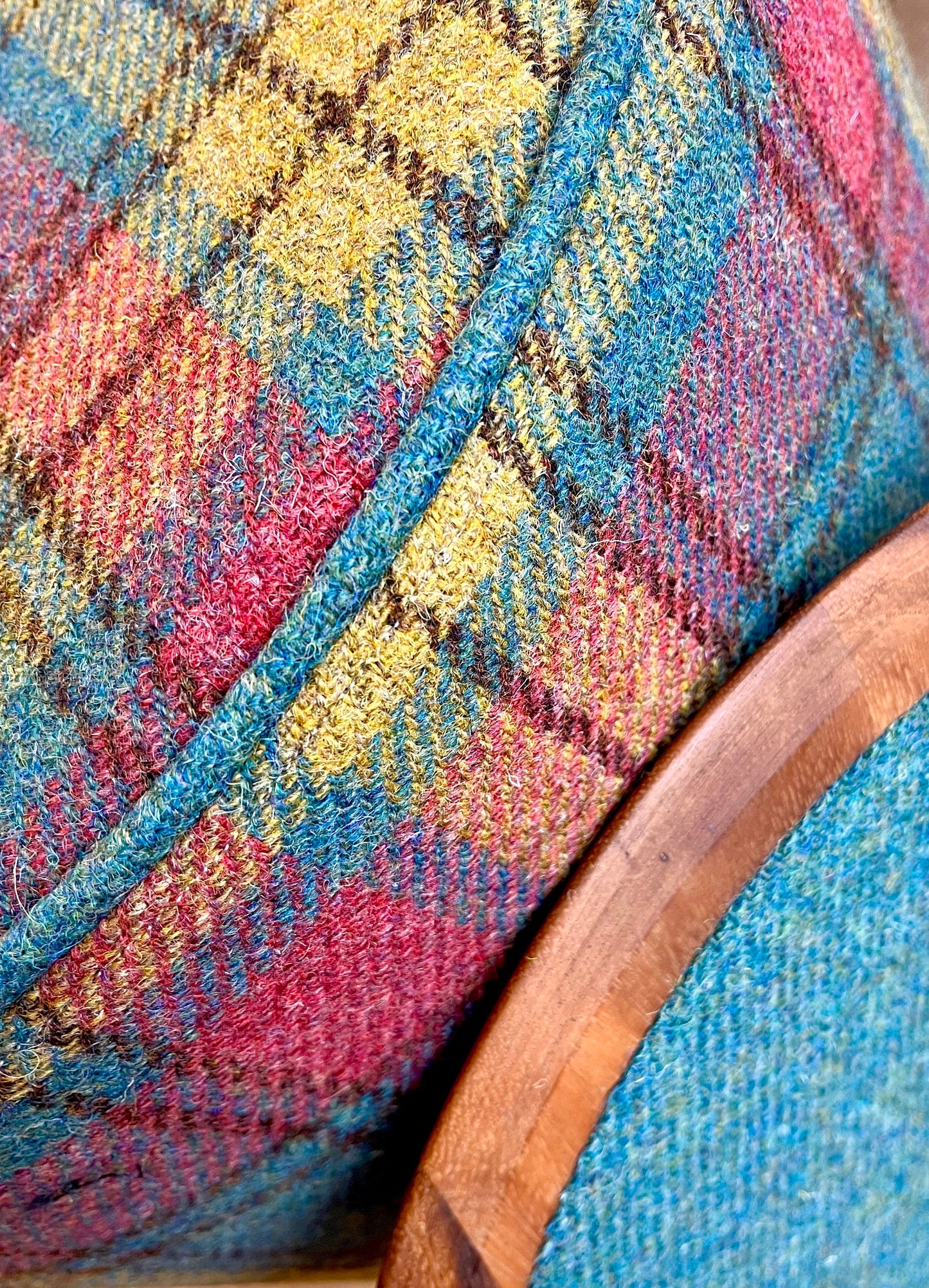 Tartan Harris Tweed Chunky Table Footstool with Green Piping and Removable Wooden Top