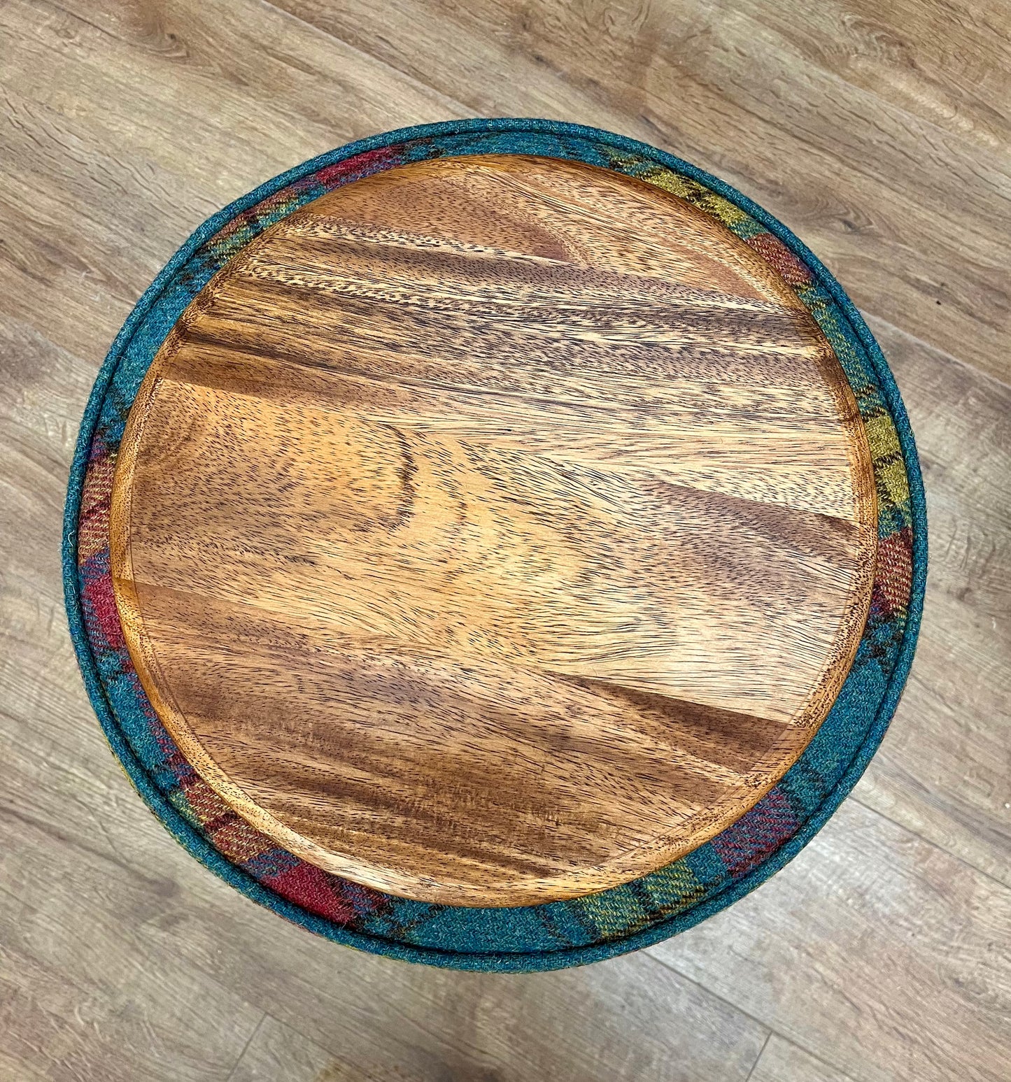 Tartan Harris Tweed Chunky Table Footstool with Green Piping and Removable Wooden Top