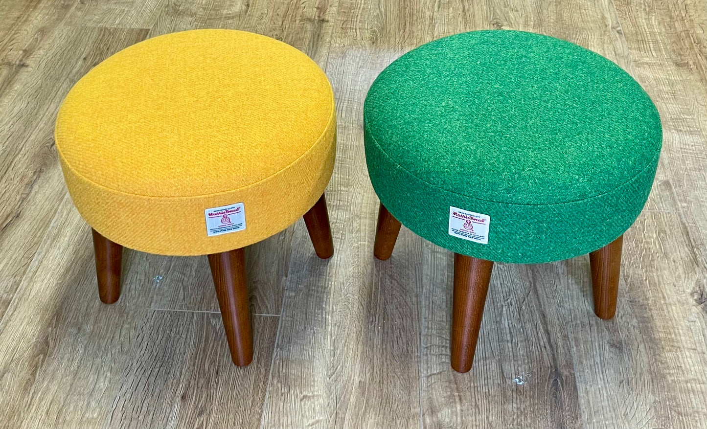 Yellow Harris Tweed Footstool with Dark Varnished Wooden Legs