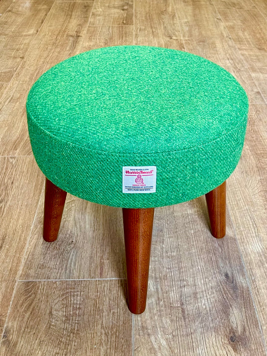 Vibrant Green Harris Tweed Footstool with Dark Varnished Wooden Legs