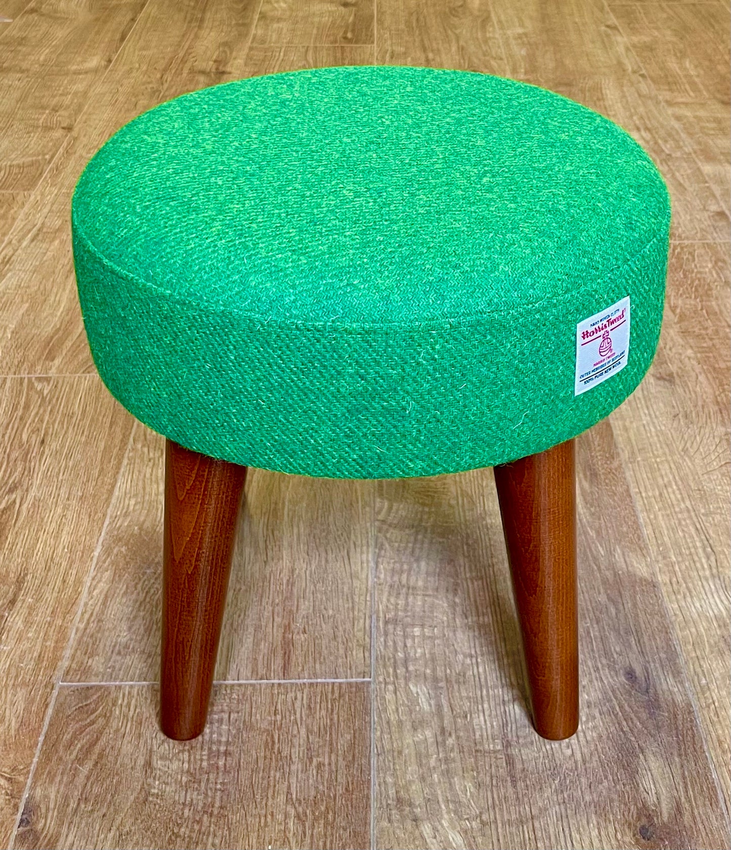 Vibrant Green Harris Tweed Footstool with Dark Varnished Wooden Legs