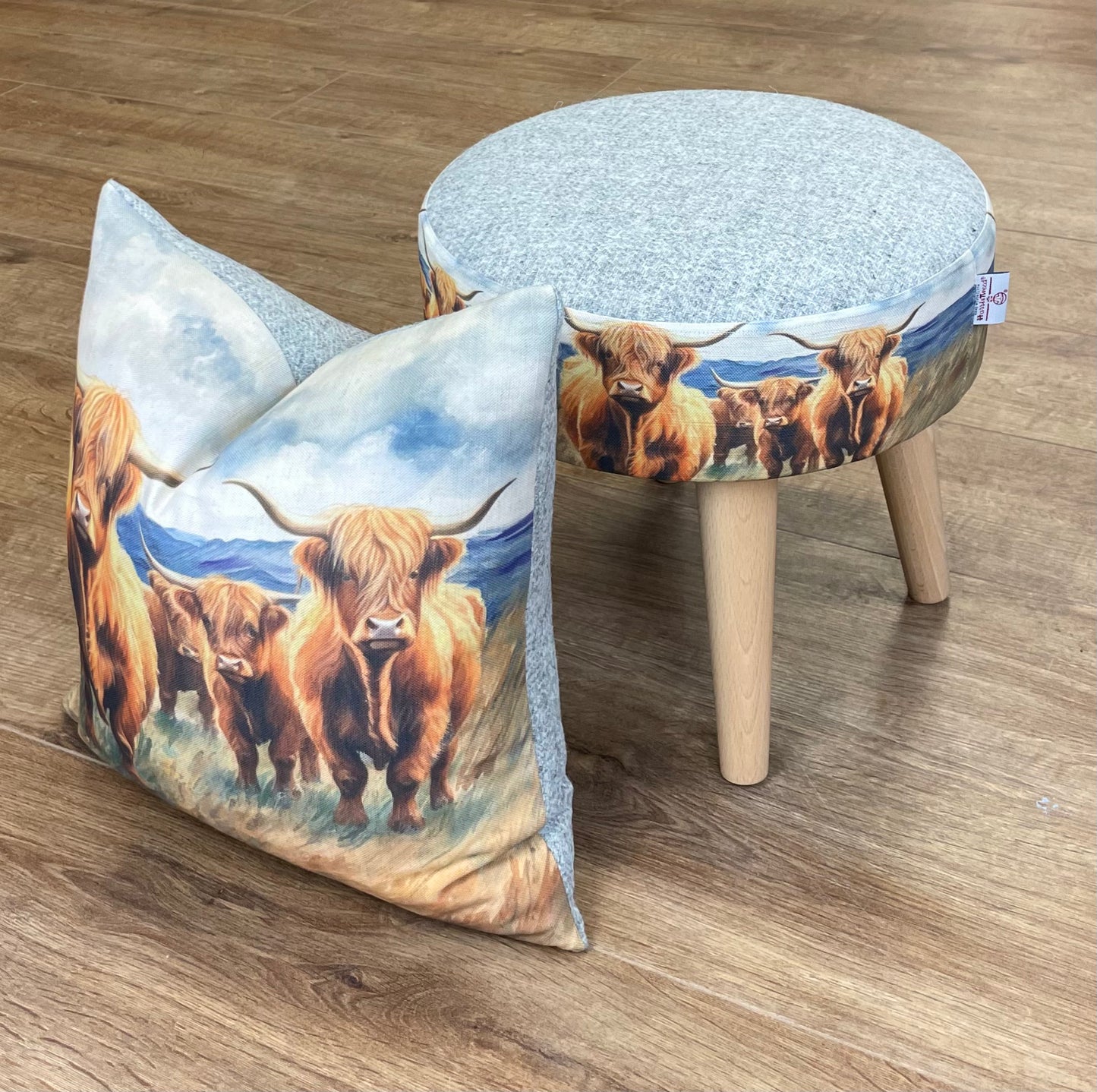 Highland Cows by the Sea Linen and Grey Harris Tweed Footstool