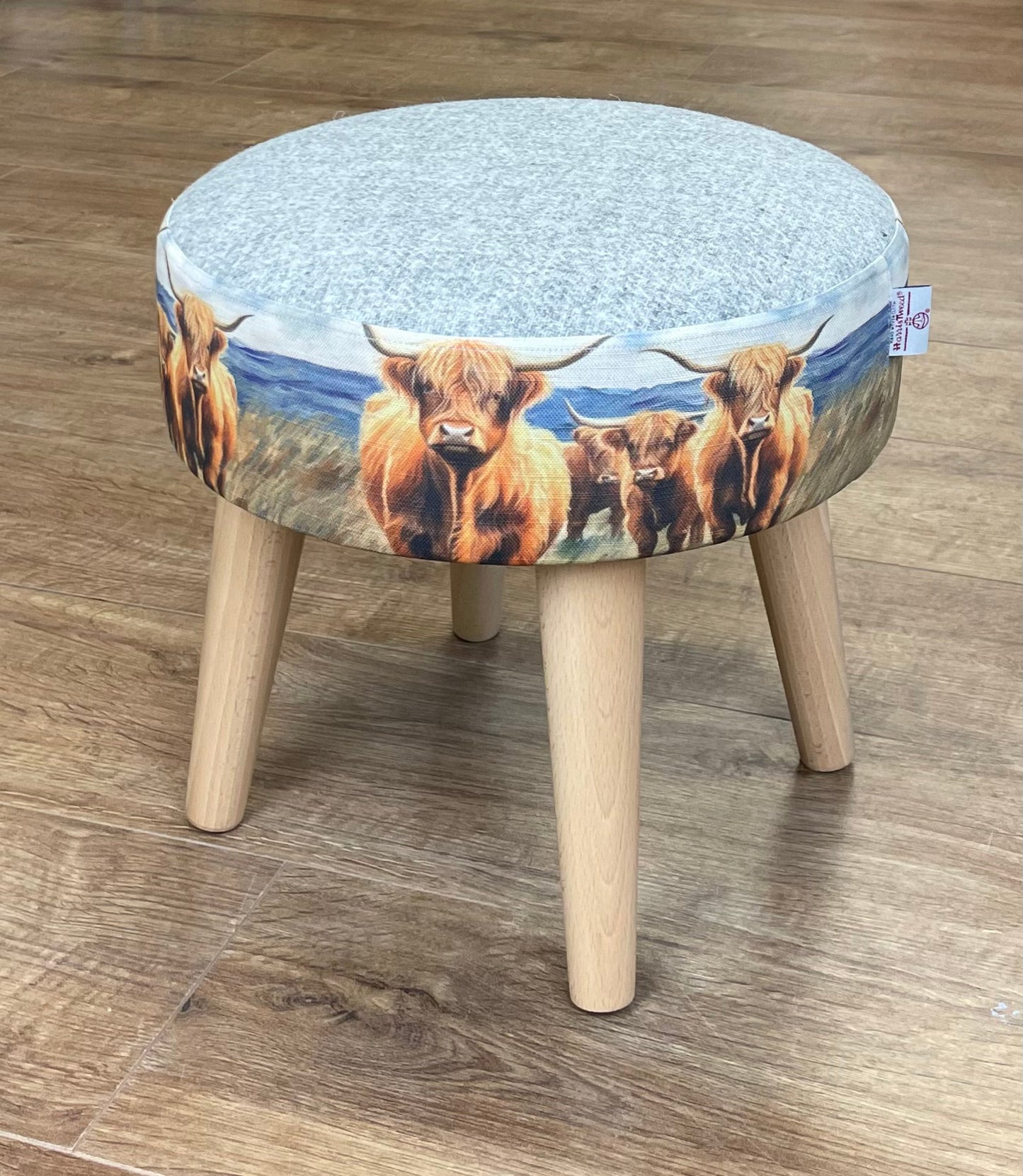 Highland Cows by the Sea Linen and Grey Harris Tweed Footstool