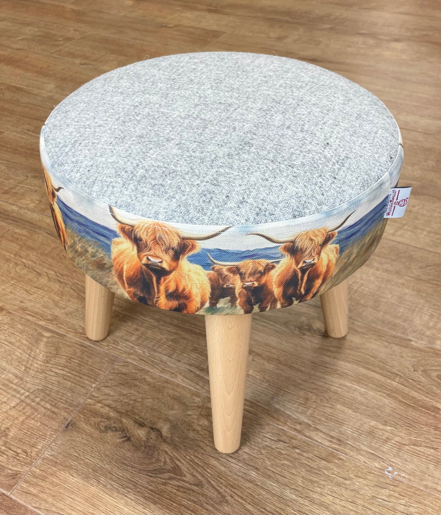 Highland Cows by the Sea Linen and Grey Harris Tweed Footstool