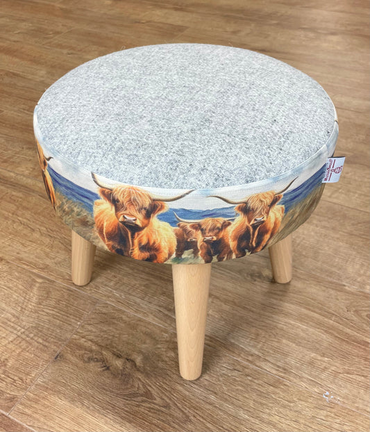 Highland Cows by the Sea Linen and Grey Harris Tweed Footstool