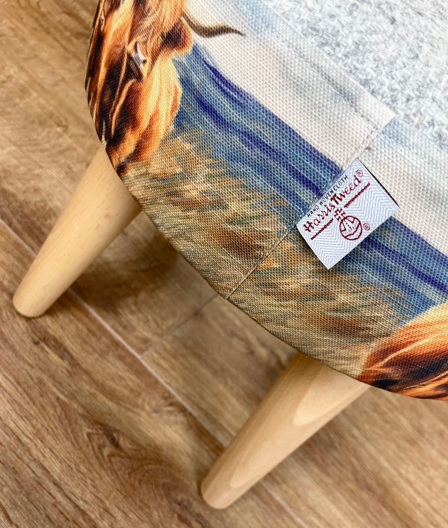 Highland Cows by the Sea Linen and Grey Harris Tweed Footstool