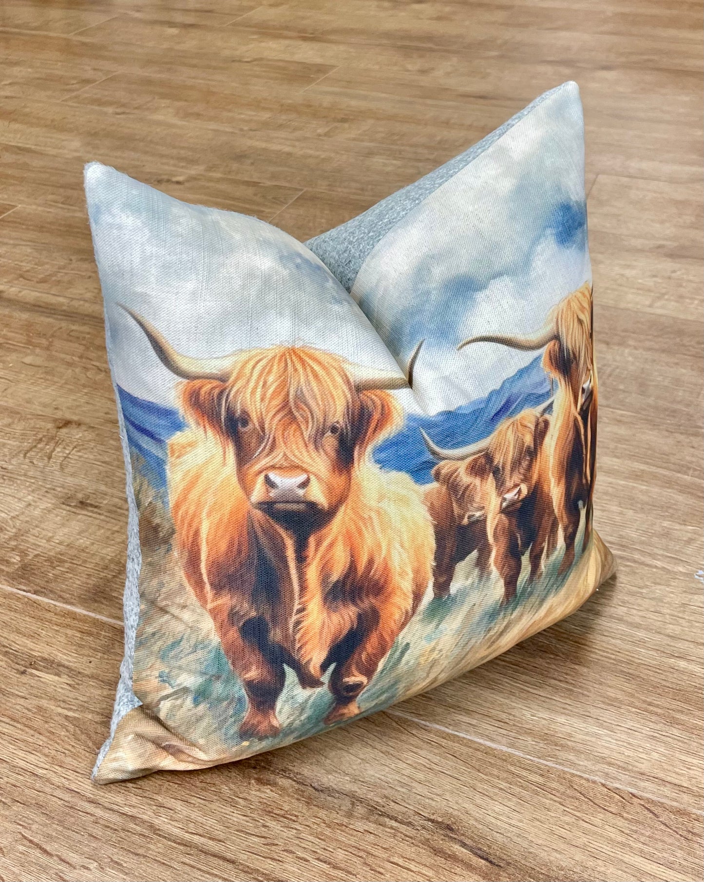 Highland Cows by the Sea Linen and Grey Harris Tweed Cushion 16"