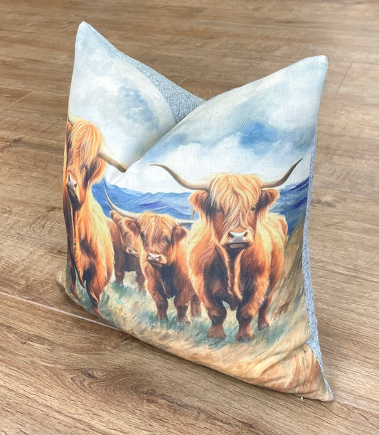 Highland Cows by the Sea Linen and Grey Harris Tweed Cushion 16"