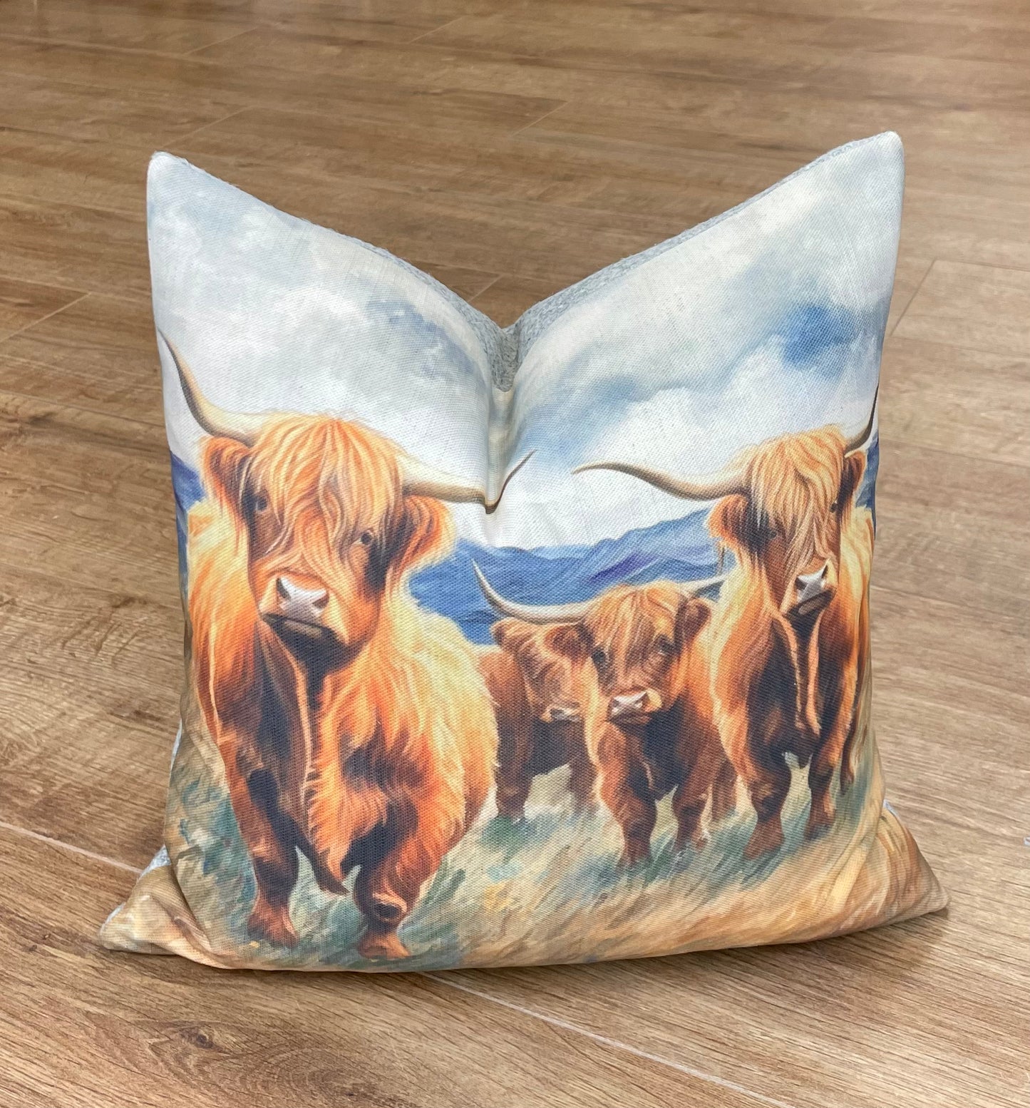 Highland Cows by the Sea Linen and Grey Harris Tweed Cushion 16"