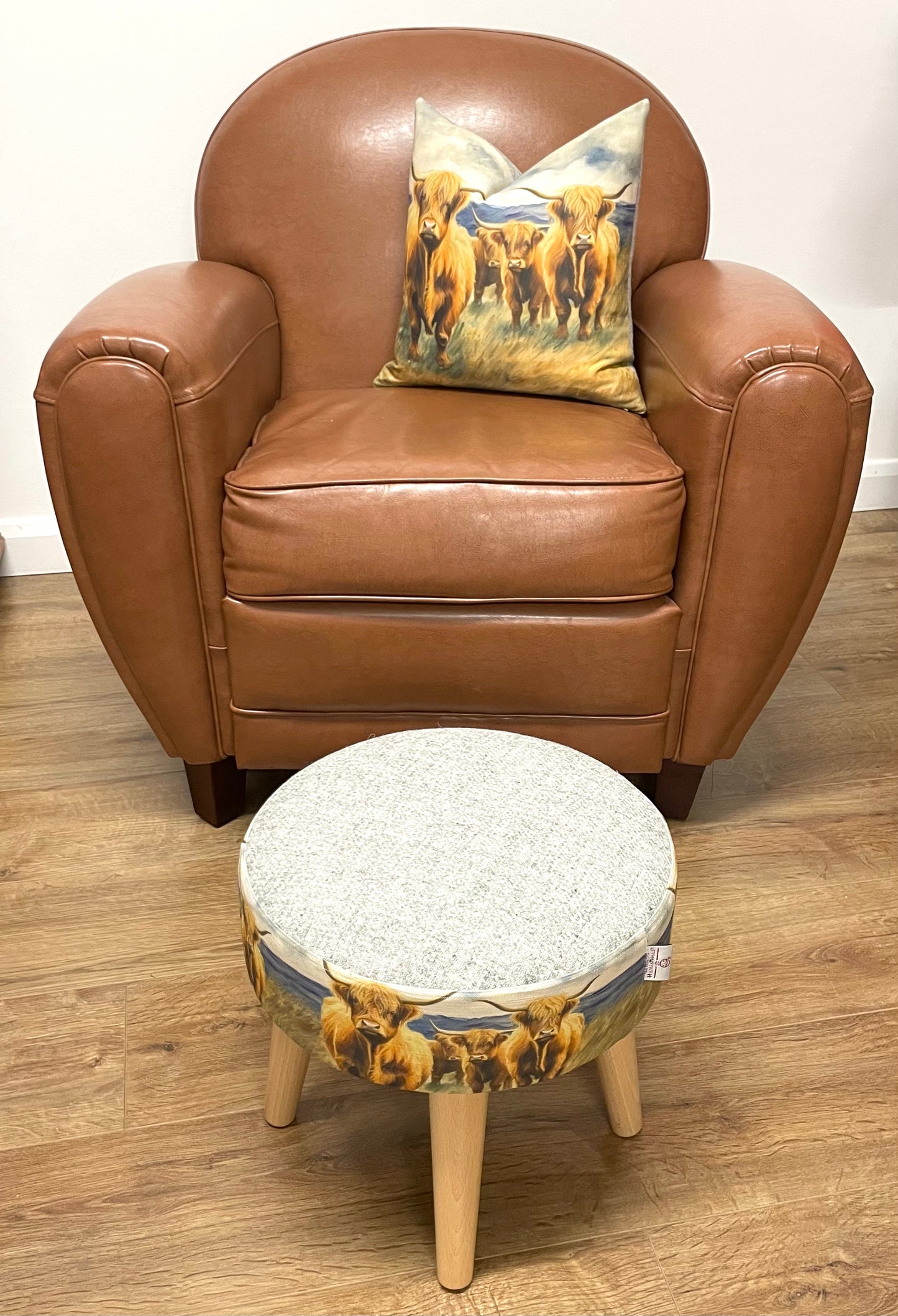 Highland Cows by the Sea Linen and Grey Harris Tweed Footstool