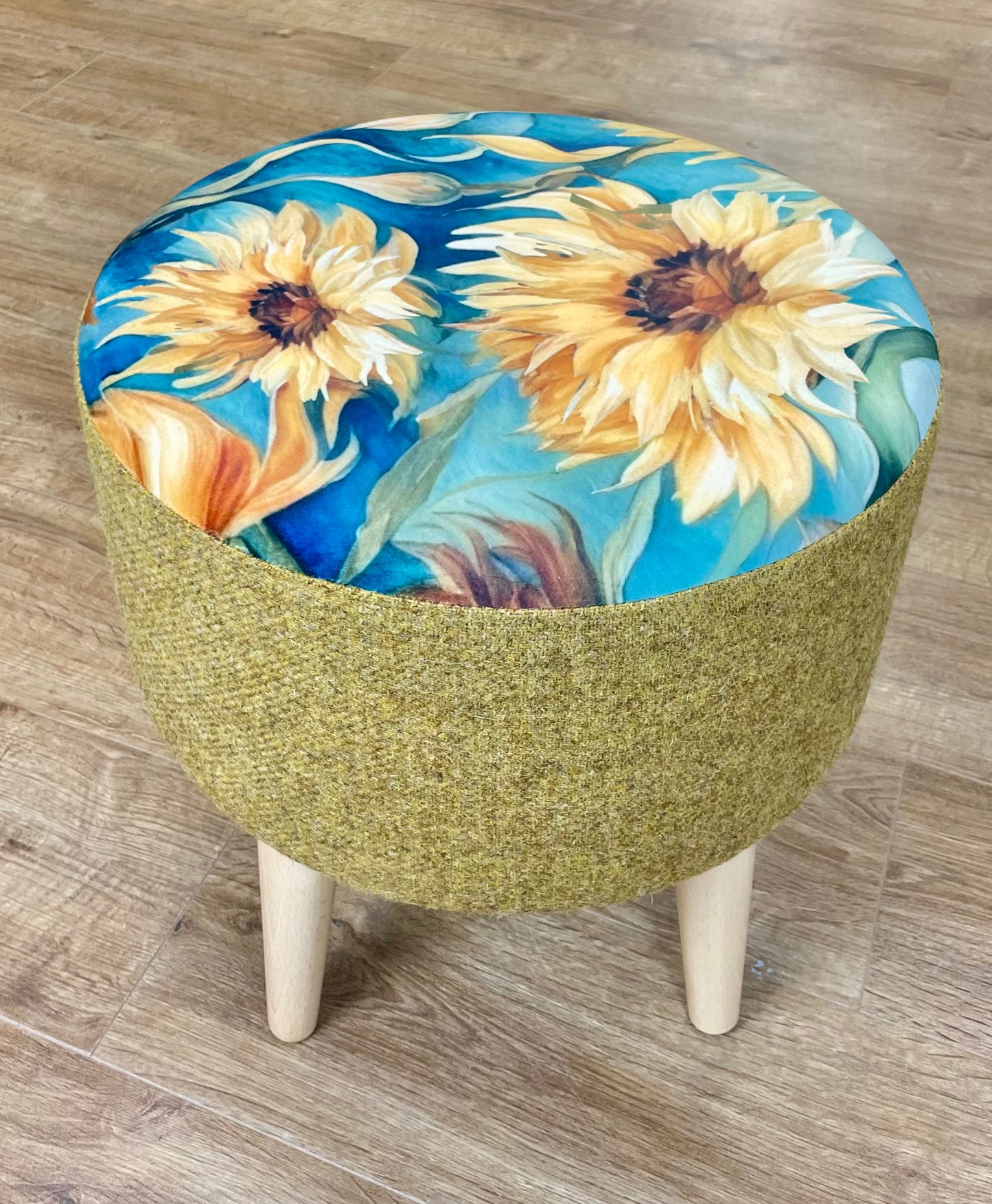 Sunflower Velvet and Mustard Harris Tweed Footstool