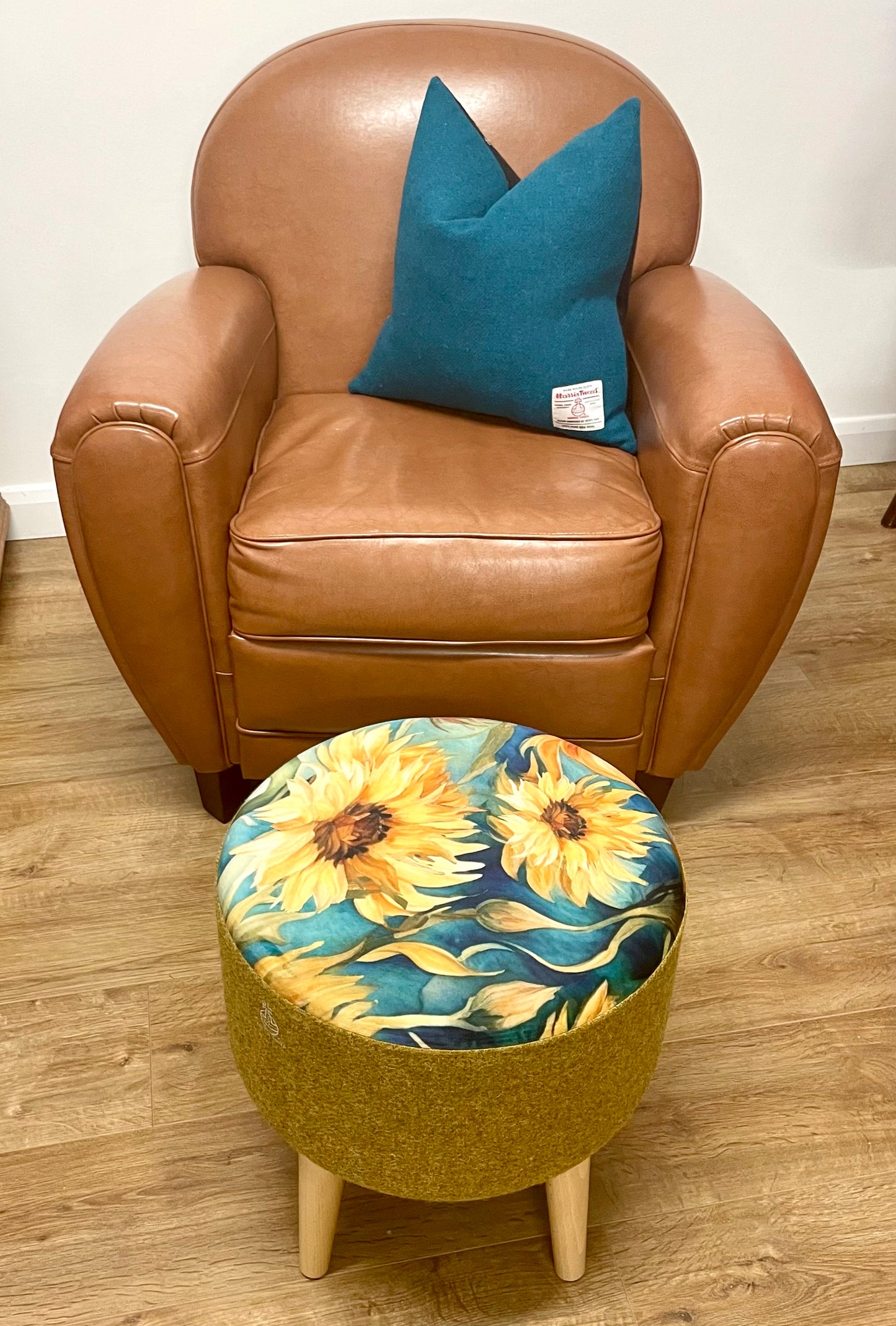 Sunflower Velvet and Mustard Harris Tweed Footstool