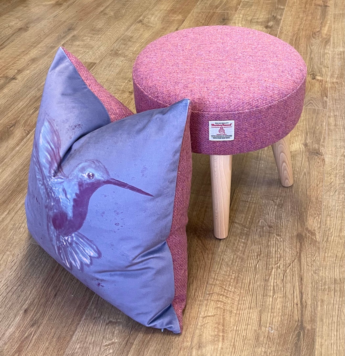 Dusky Pink Purple Harris Tweed Footstool with Varnished Light Wooden Legs