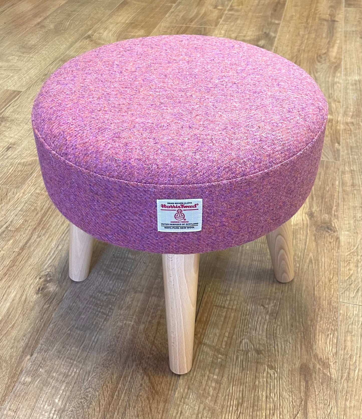 Dusky Pink Purple Harris Tweed Footstool with Varnished Light Wooden Legs