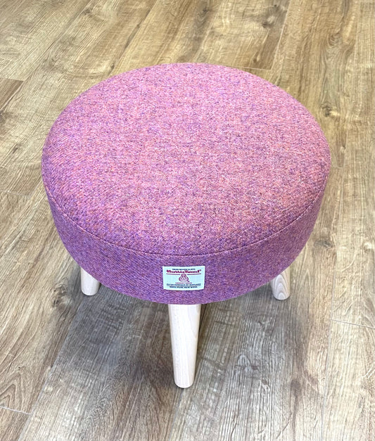 Dusky Pink Purple Harris Tweed Footstool with Varnished Light Wooden Legs