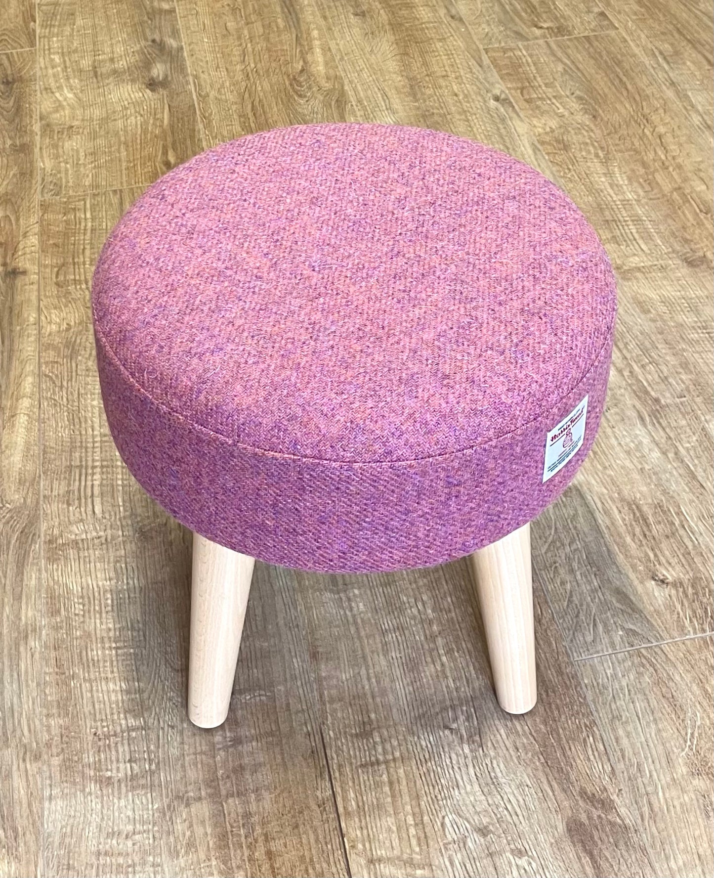 Dusky Pink Purple Harris Tweed Footstool with Varnished Light Wooden Legs