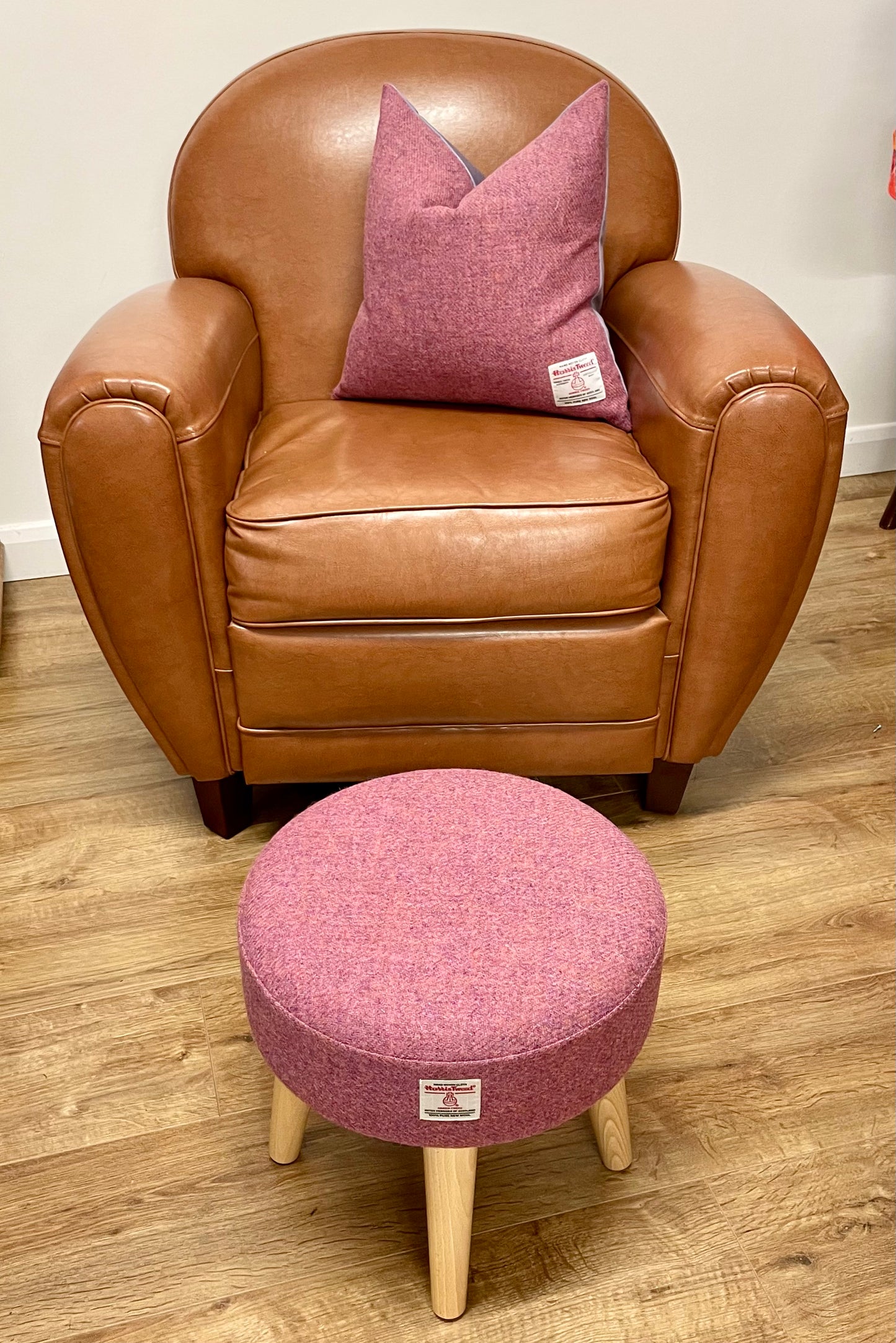 Dusky Pink Purple Harris Tweed Footstool with Varnished Light Wooden Legs