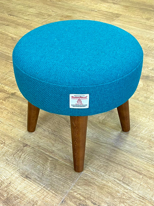 Teal Harris Tweed Footstool with Dark Varnished Wooden Legs