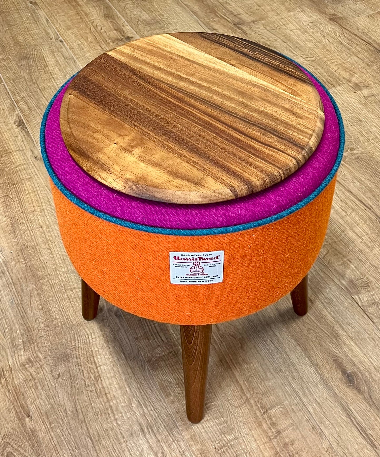 Rainbow End Table, Orange and Fuchsia Harris Tweed with Teal Piping and Removable Wooden Top