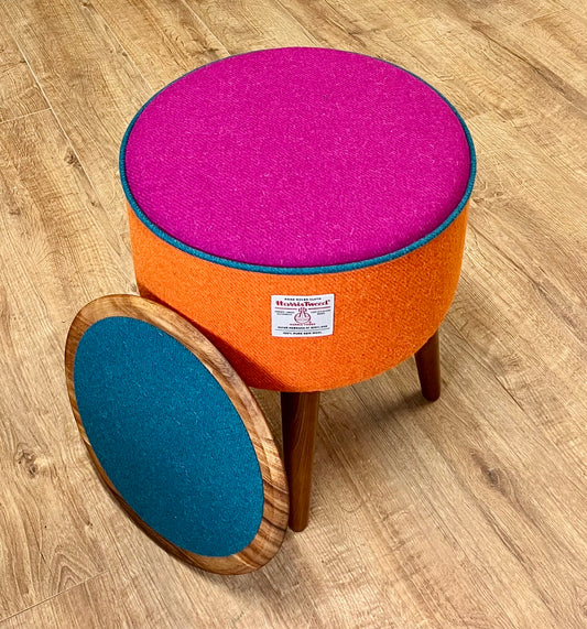 Rainbow End Table, Orange and Fuchsia Harris Tweed with Teal Piping and Removable Wooden Top
