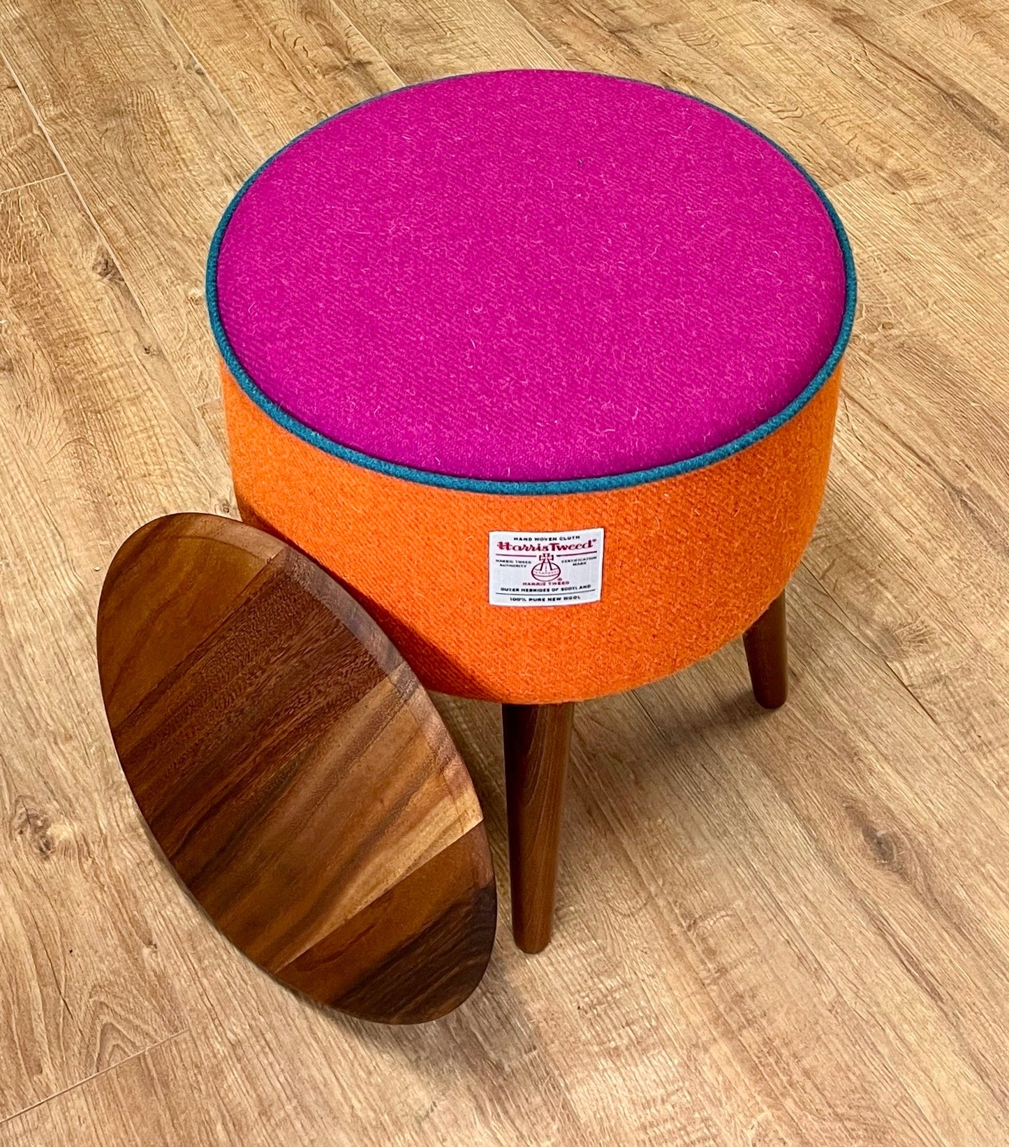 Rainbow End Table, Orange and Fuchsia Harris Tweed with Teal Piping and Removable Wooden Top
