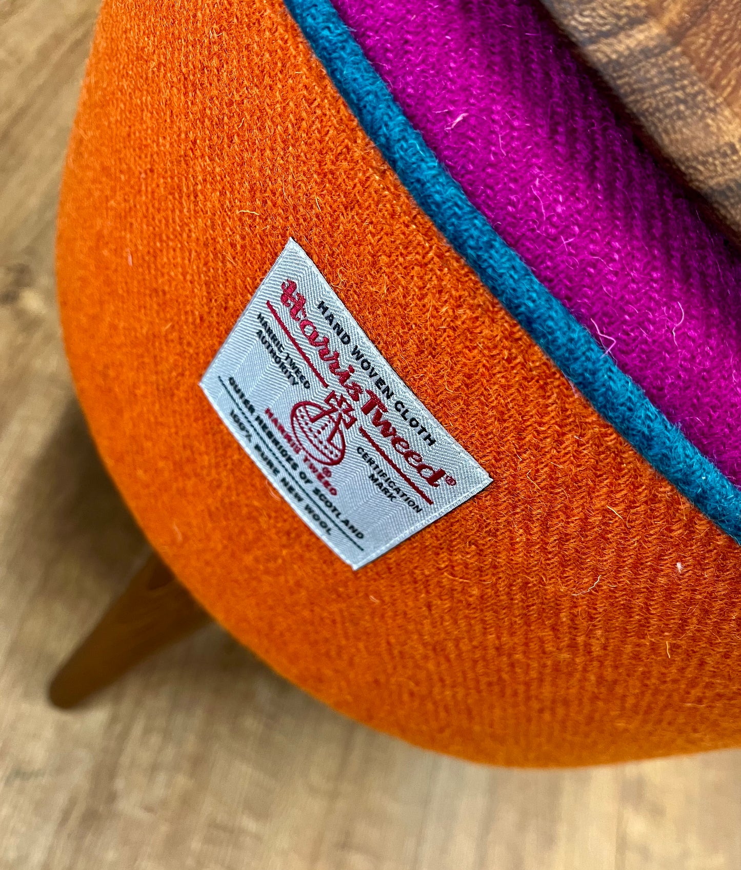 Rainbow End Table, Orange and Fuchsia Harris Tweed with Teal Piping and Removable Wooden Top