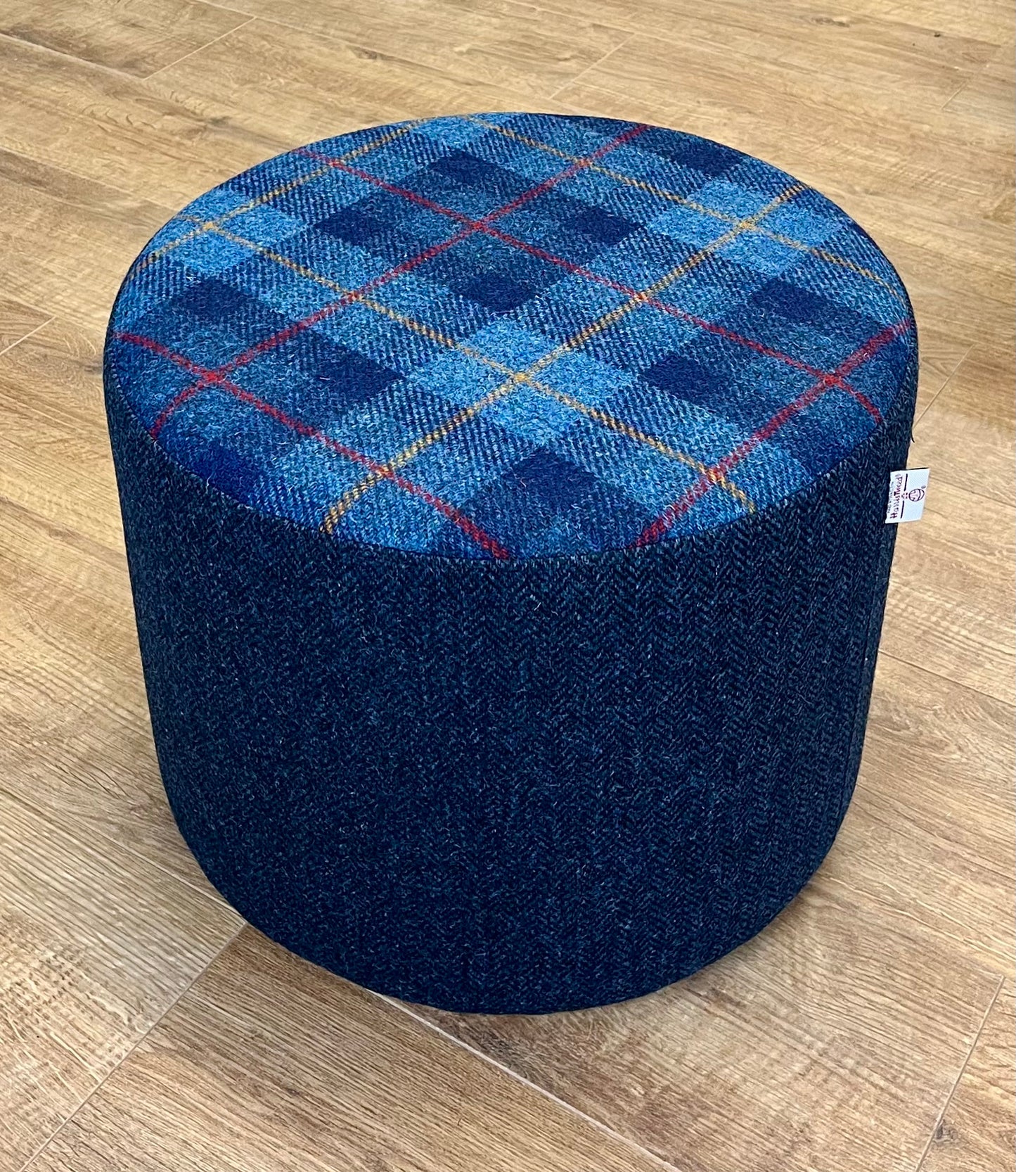 Blue Tartan and Herringbone Harris Tweed Floating Footstool