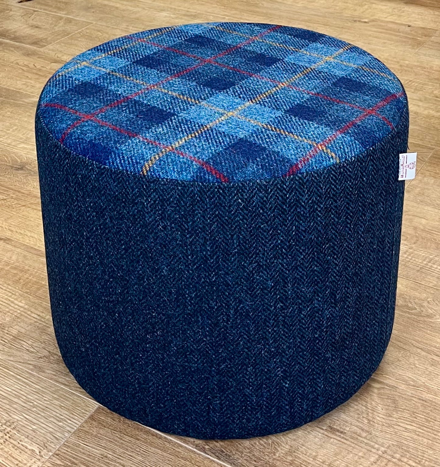 Blue Tartan and Herringbone Harris Tweed Floating Footstool