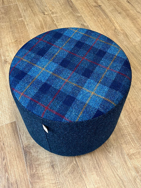 Blue Tartan and Herringbone Harris Tweed Floating Footstool