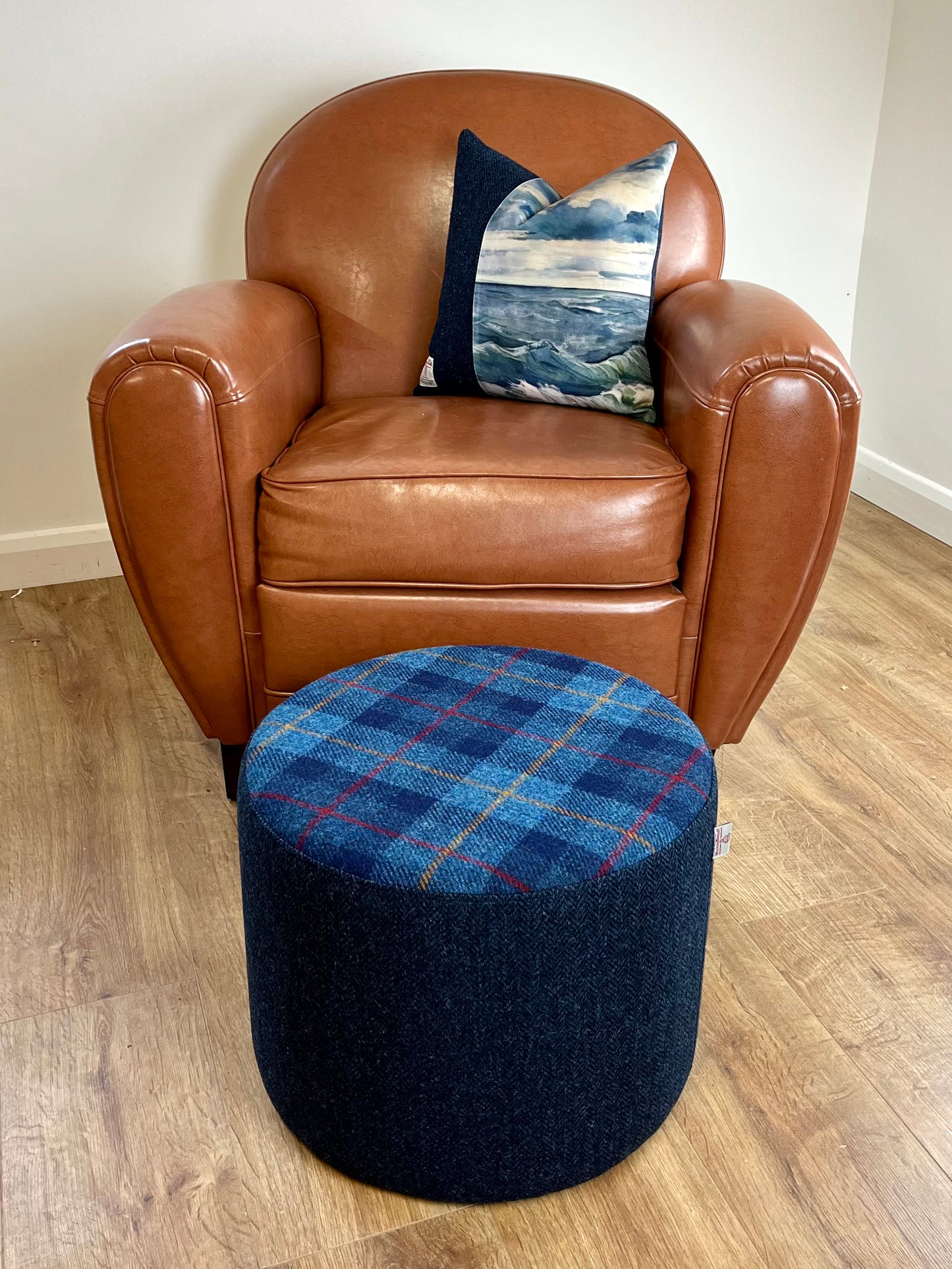 Blue Tartan and Herringbone Harris Tweed Floating Footstool